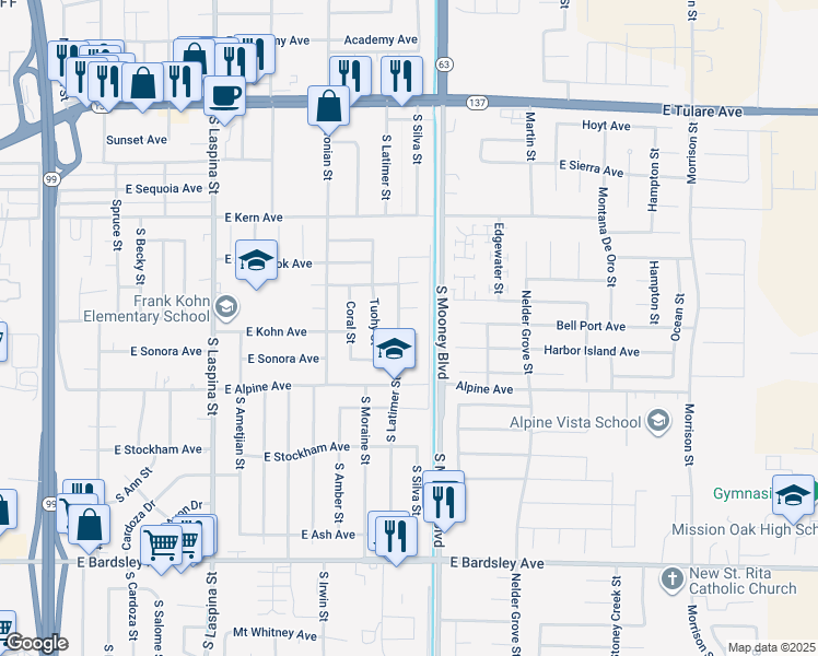 map of restaurants, bars, coffee shops, grocery stores, and more near 2122 Maui Court in Tulare