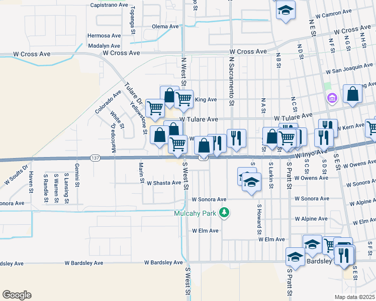 map of restaurants, bars, coffee shops, grocery stores, and more near 265-299 South West Street in Tulare
