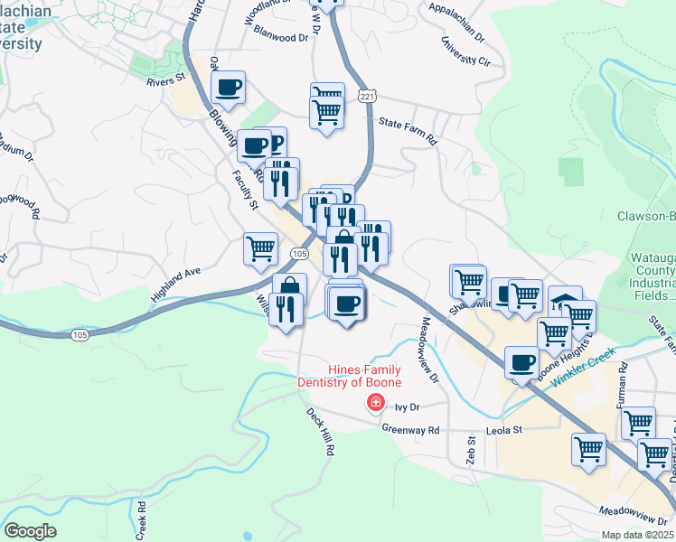 map of restaurants, bars, coffee shops, grocery stores, and more near 159 Winklers Creek Road in Boone