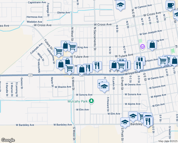 map of restaurants, bars, coffee shops, grocery stores, and more near 1140 West Inyo Avenue in Tulare