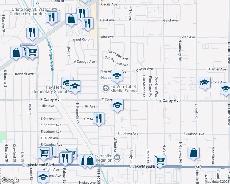map of restaurants, bars, coffee shops, grocery stores, and more near 2436 North Pecos Road in Las Vegas