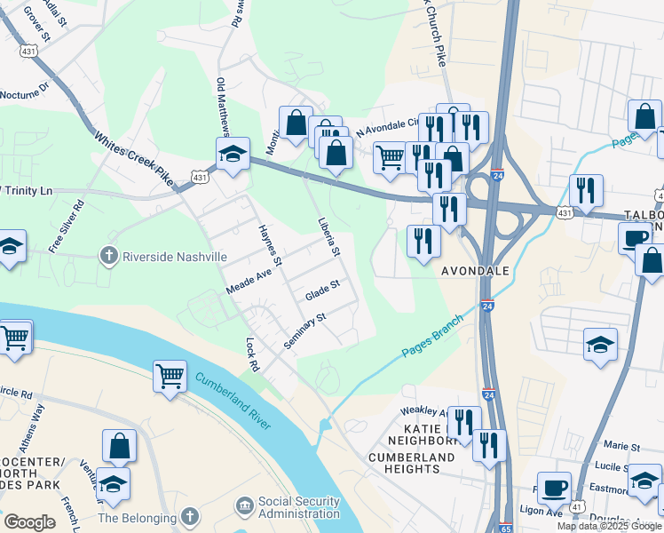 map of restaurants, bars, coffee shops, grocery stores, and more near 1726 Edgewood Avenue in Nashville