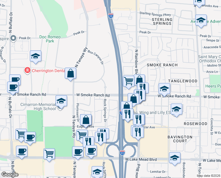 map of restaurants, bars, coffee shops, grocery stores, and more near 7020 Smoke Ranch Road in Las Vegas