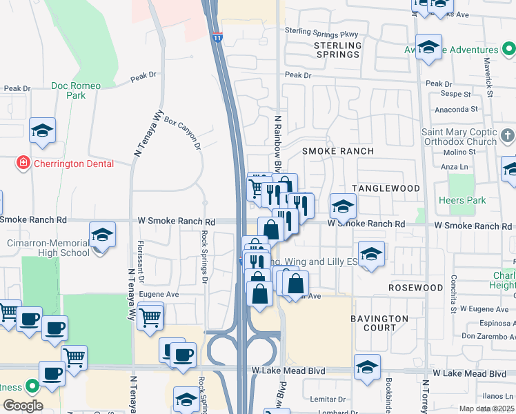 map of restaurants, bars, coffee shops, grocery stores, and more near 2451 North Rainbow Boulevard in Las Vegas