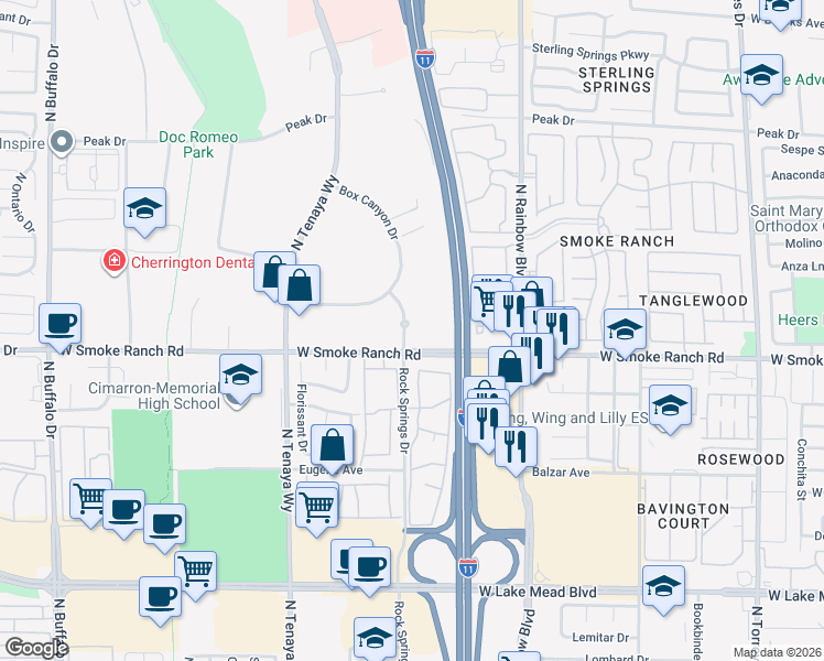map of restaurants, bars, coffee shops, grocery stores, and more near 7020 Smoke Ranch Road in Las Vegas
