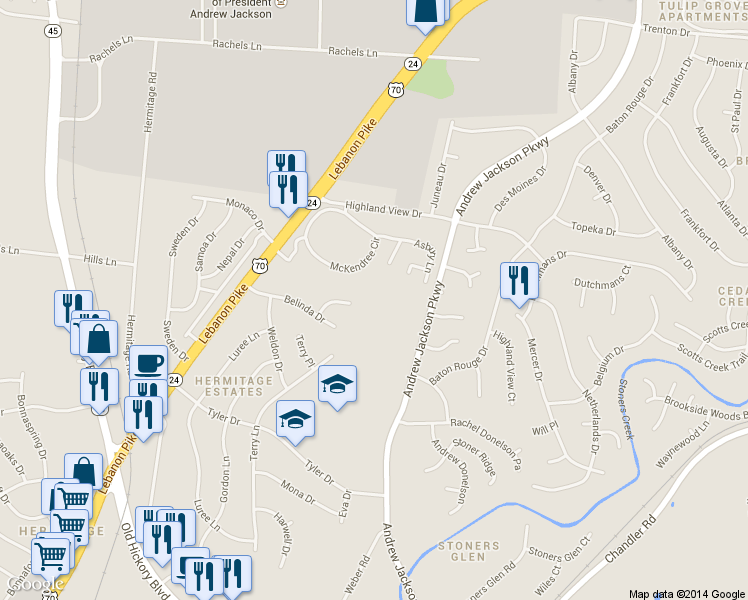 map of restaurants, bars, coffee shops, grocery stores, and more near 4262 Andrew Jackson Parkway in Nashville
