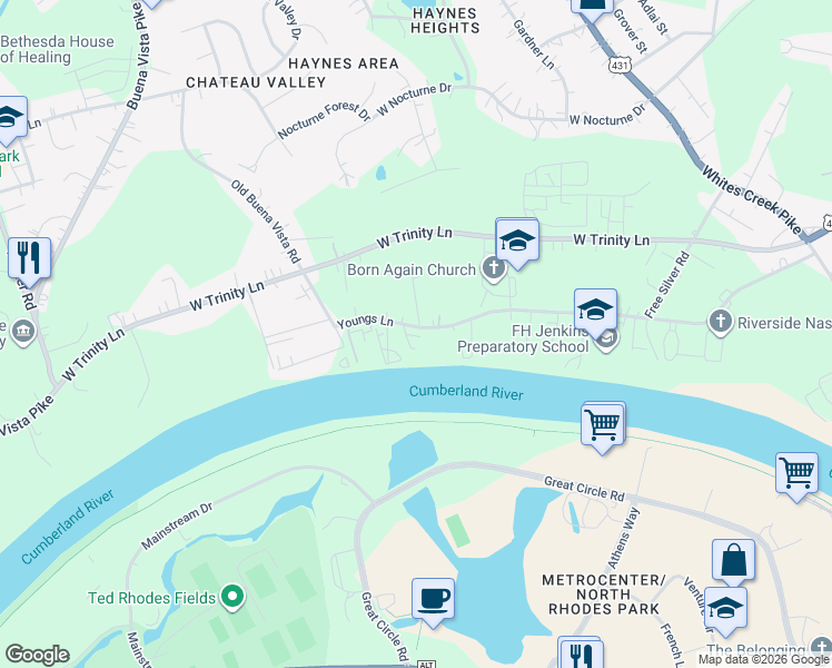 map of restaurants, bars, coffee shops, grocery stores, and more near 910 Youngs Lane in Nashville