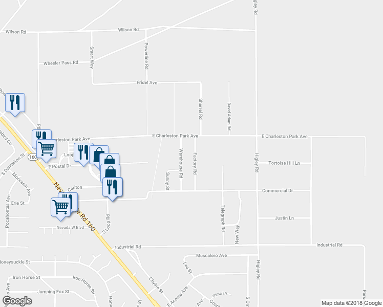 map of restaurants, bars, coffee shops, grocery stores, and more near 1080 Factory Road in Pahrump