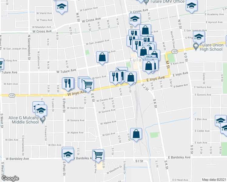 map of restaurants, bars, coffee shops, grocery stores, and more near 322 South G Street in Tulare