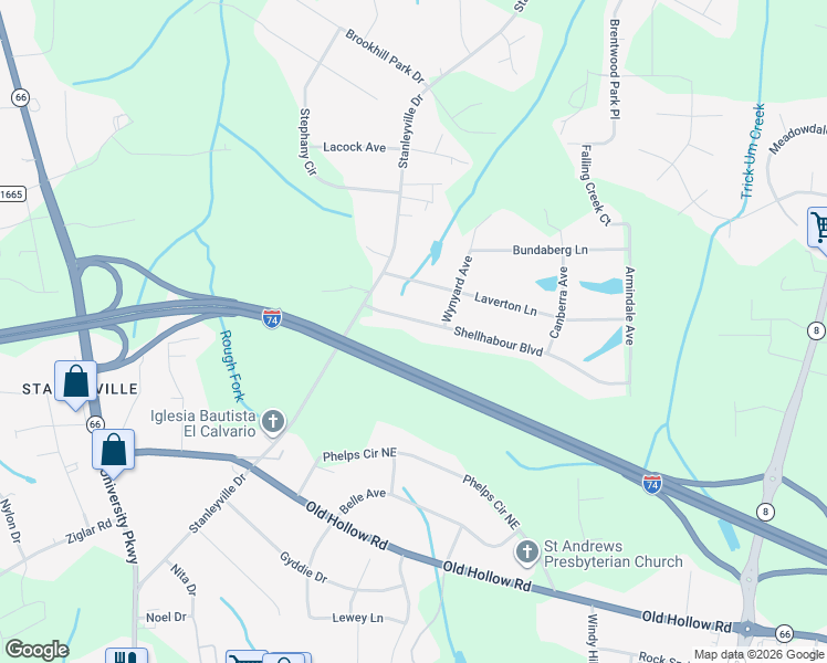 map of restaurants, bars, coffee shops, grocery stores, and more near 650 Shellhabour Blvd in Rural Hall
