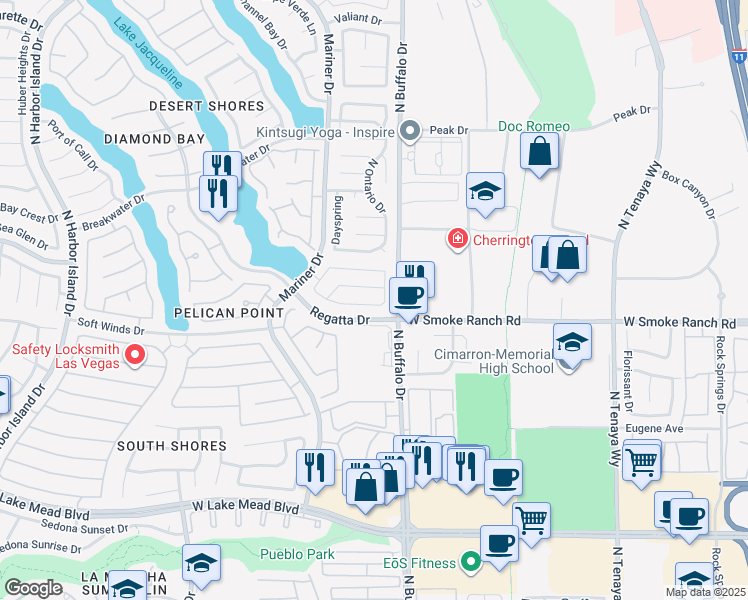 map of restaurants, bars, coffee shops, grocery stores, and more near 7612 Shore Haven Drive in Las Vegas