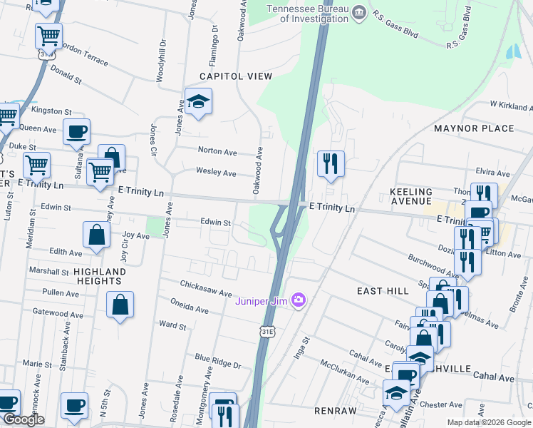 map of restaurants, bars, coffee shops, grocery stores, and more near 701 East Trinity Lane in Nashville