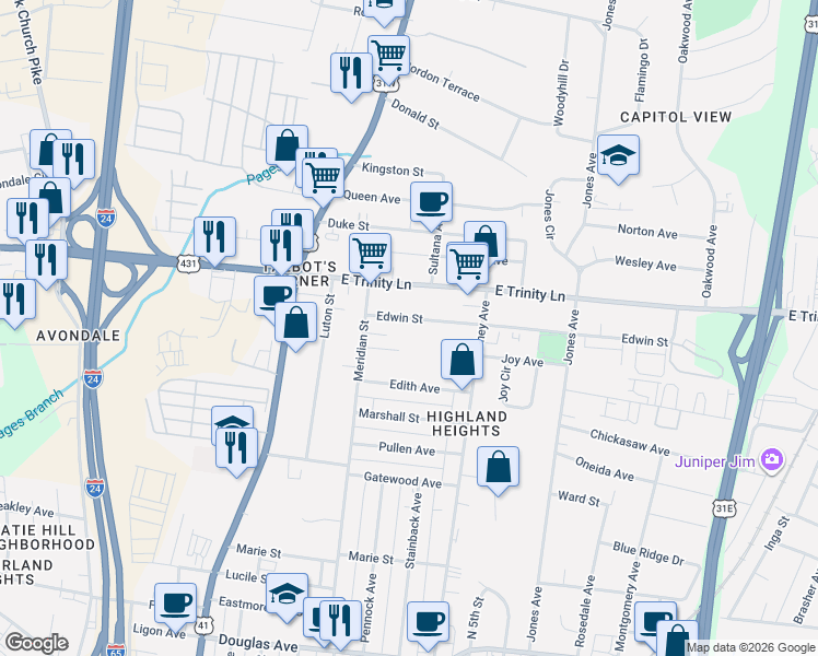 map of restaurants, bars, coffee shops, grocery stores, and more near 314 Edwin Street in Nashville