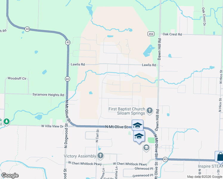 map of restaurants, bars, coffee shops, grocery stores, and more near 2205 North Carl Street in Siloam Springs