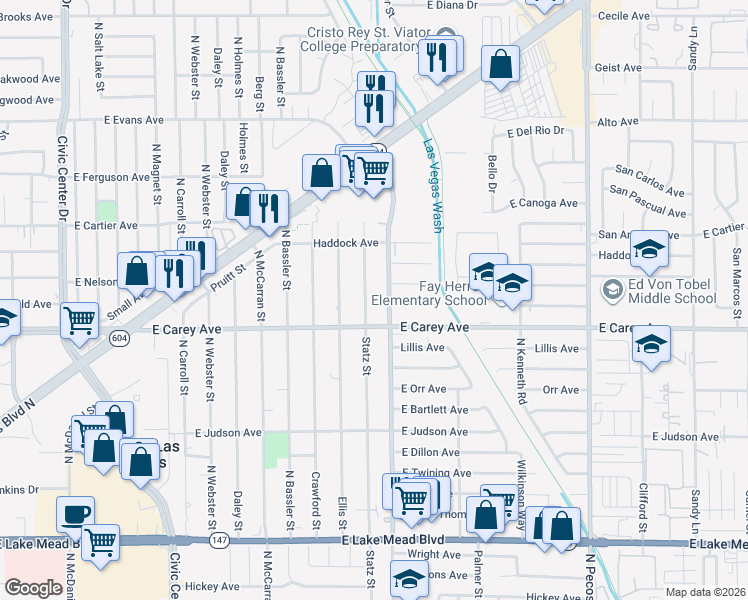 map of restaurants, bars, coffee shops, grocery stores, and more near in North Las Vegas