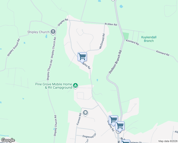 map of restaurants, bars, coffee shops, grocery stores, and more near 1572 Shipley Road in Cookeville