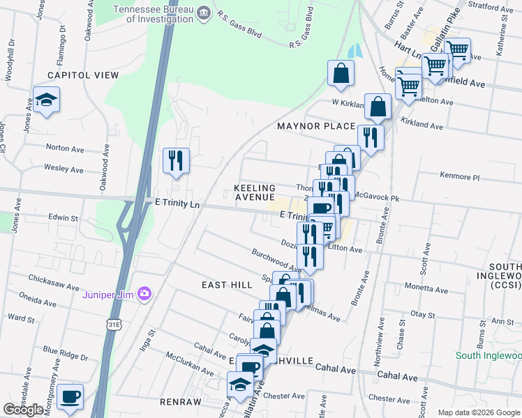 map of restaurants, bars, coffee shops, grocery stores, and more near 1032b East Trinity Lane in Nashville