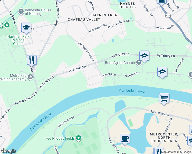 map of restaurants, bars, coffee shops, grocery stores, and more near 948B Youngs Lane in Nashville