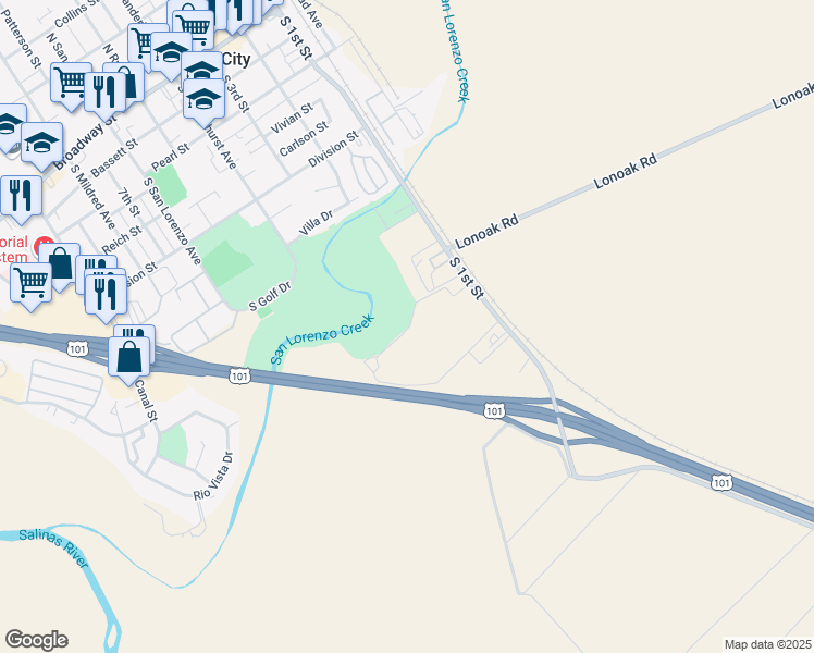 map of restaurants, bars, coffee shops, grocery stores, and more near 800 South 1st Street in King City