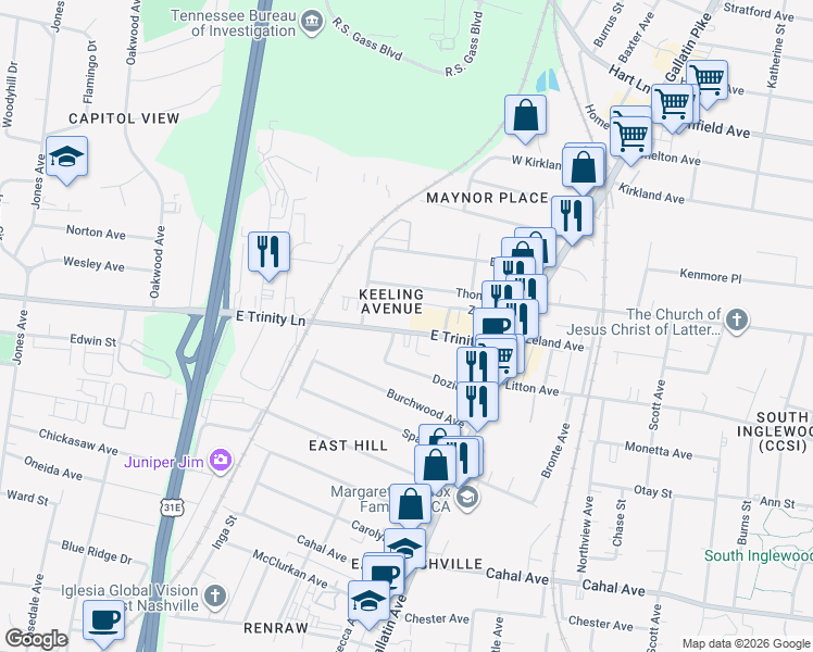 map of restaurants, bars, coffee shops, grocery stores, and more near 800 Vibe Place in Nashville