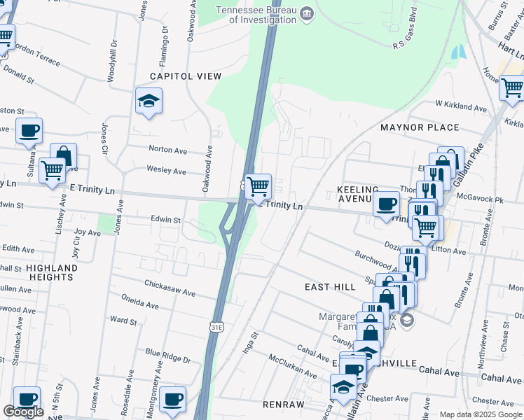 map of restaurants, bars, coffee shops, grocery stores, and more near 900 East Trinity Lane in Nashville