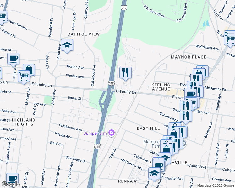 map of restaurants, bars, coffee shops, grocery stores, and more near 900 East Trinity Lane in Nashville