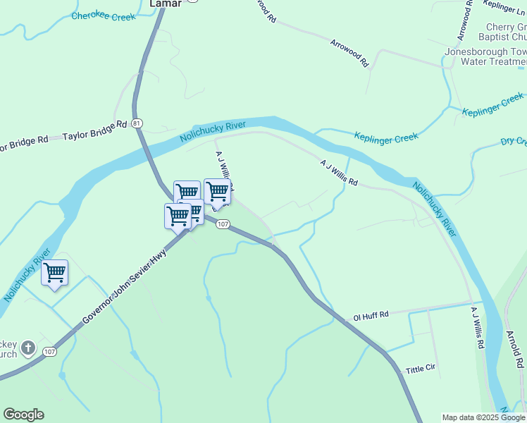 map of restaurants, bars, coffee shops, grocery stores, and more near 109 Maple Lane in Jonesborough