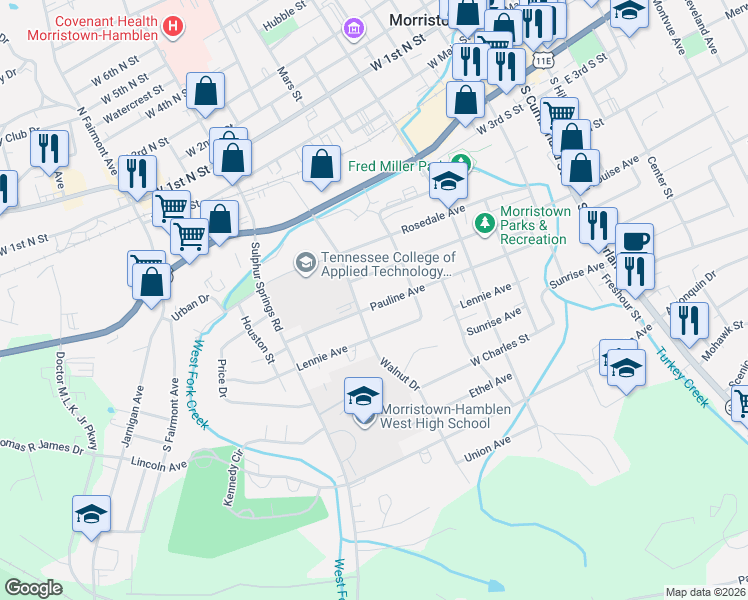 map of restaurants, bars, coffee shops, grocery stores, and more near 768 Pauline Avenue in Morristown