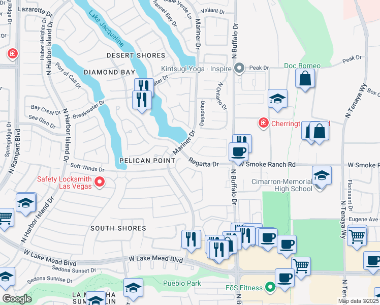 map of restaurants, bars, coffee shops, grocery stores, and more near 7737 Shore Haven Drive in Las Vegas