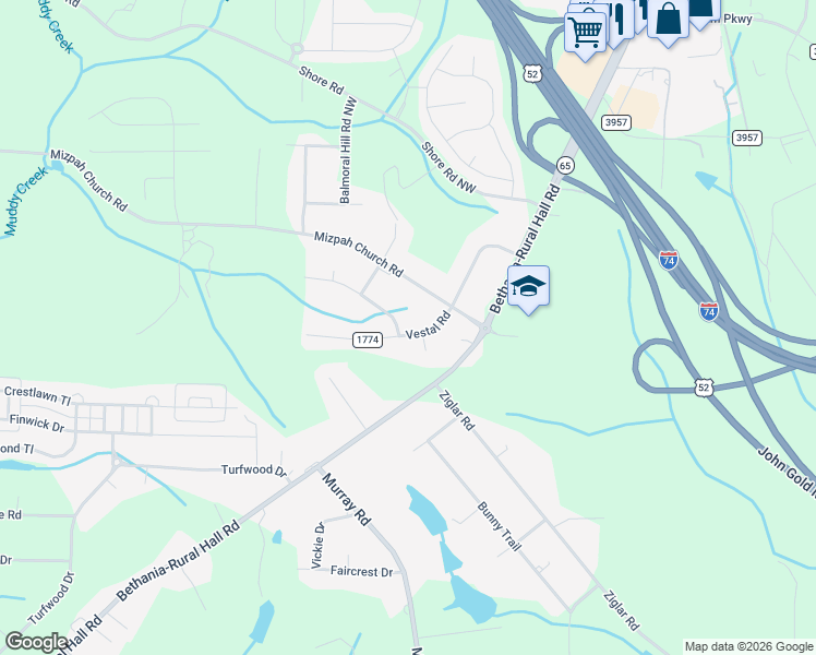 map of restaurants, bars, coffee shops, grocery stores, and more near 1335 Vestal Road in Rural Hall