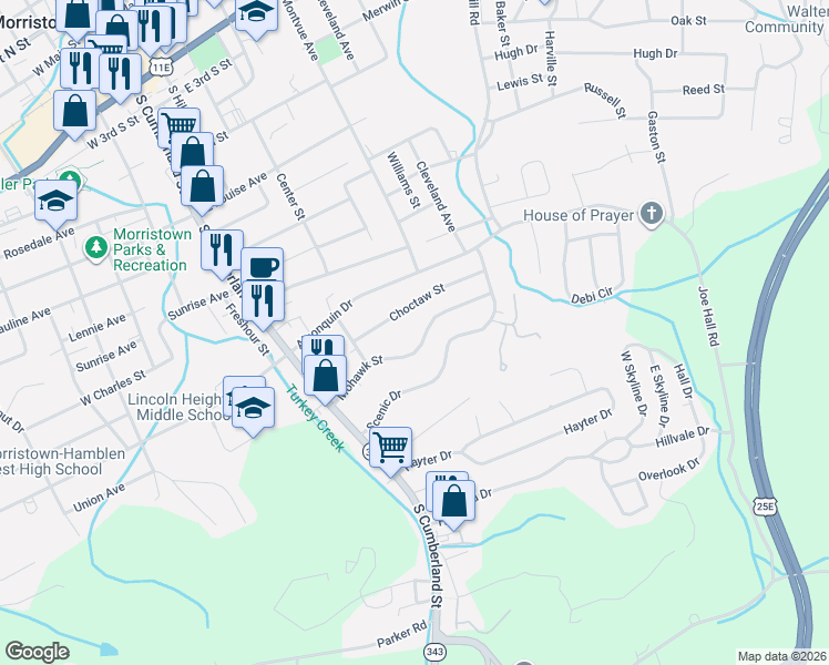 map of restaurants, bars, coffee shops, grocery stores, and more near 503 Mohawk Street in Morristown