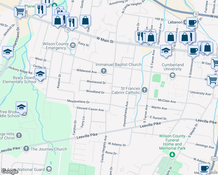 map of restaurants, bars, coffee shops, grocery stores, and more near 304 Castle Heights Avenue in Lebanon