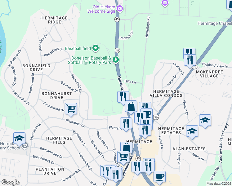 map of restaurants, bars, coffee shops, grocery stores, and more near 4626 Wright Avenue in Nashville