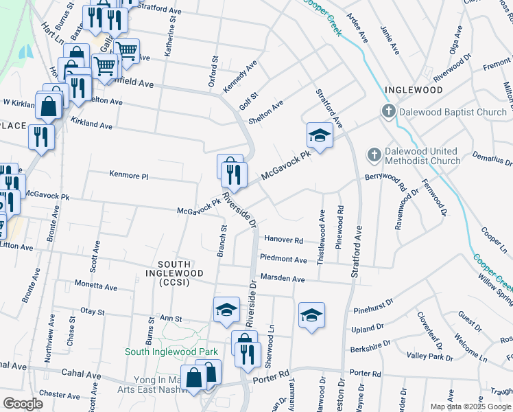 map of restaurants, bars, coffee shops, grocery stores, and more near 1703 Evelyn Avenue in Nashville