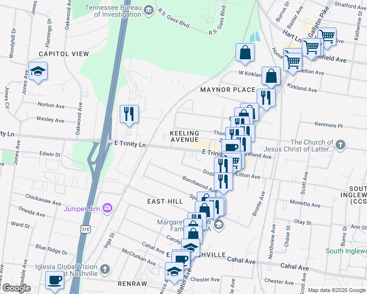 map of restaurants, bars, coffee shops, grocery stores, and more near 1032b East Trinity Lane in Nashville