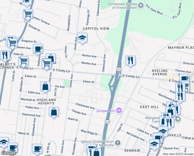 map of restaurants, bars, coffee shops, grocery stores, and more near 537 Edwin Street in Nashville