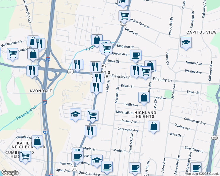 map of restaurants, bars, coffee shops, grocery stores, and more near 1713a Luton Street in Nashville
