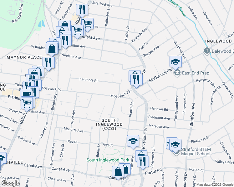 map of restaurants, bars, coffee shops, grocery stores, and more near 1265 McGavock Pike in Nashville