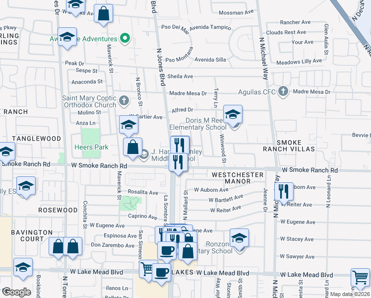 map of restaurants, bars, coffee shops, grocery stores, and more near 5921 San Fernando Drive in Las Vegas