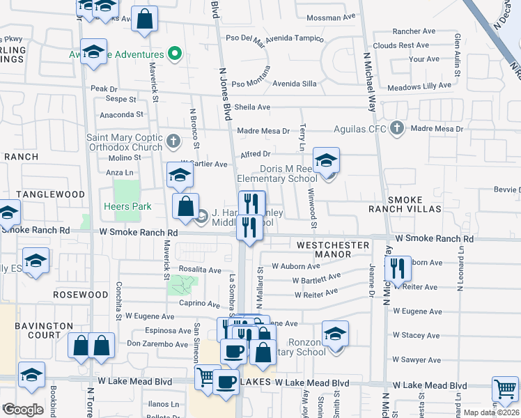 map of restaurants, bars, coffee shops, grocery stores, and more near 5921 San Fernando Drive in Las Vegas
