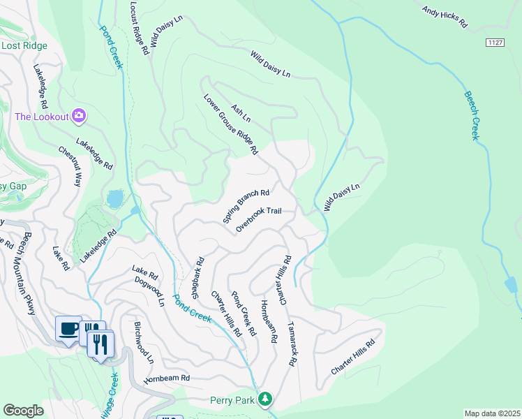 map of restaurants, bars, coffee shops, grocery stores, and more near 109 Overbrook Trail in Beech Mountain