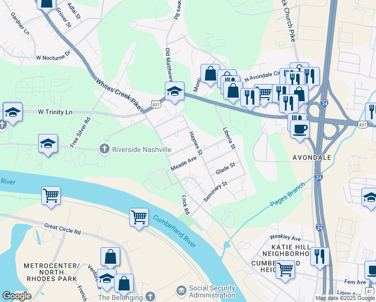 map of restaurants, bars, coffee shops, grocery stores, and more near 1706 Roger Avenue in Nashville