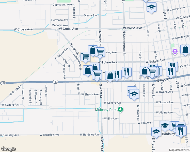 map of restaurants, bars, coffee shops, grocery stores, and more near 265 South West Street in Tulare