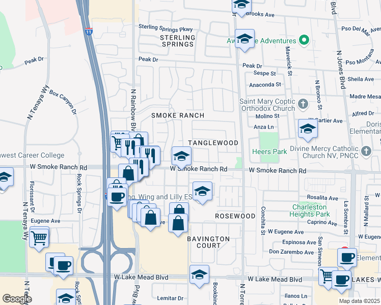 map of restaurants, bars, coffee shops, grocery stores, and more near 2412 Cherrywood Street in Las Vegas