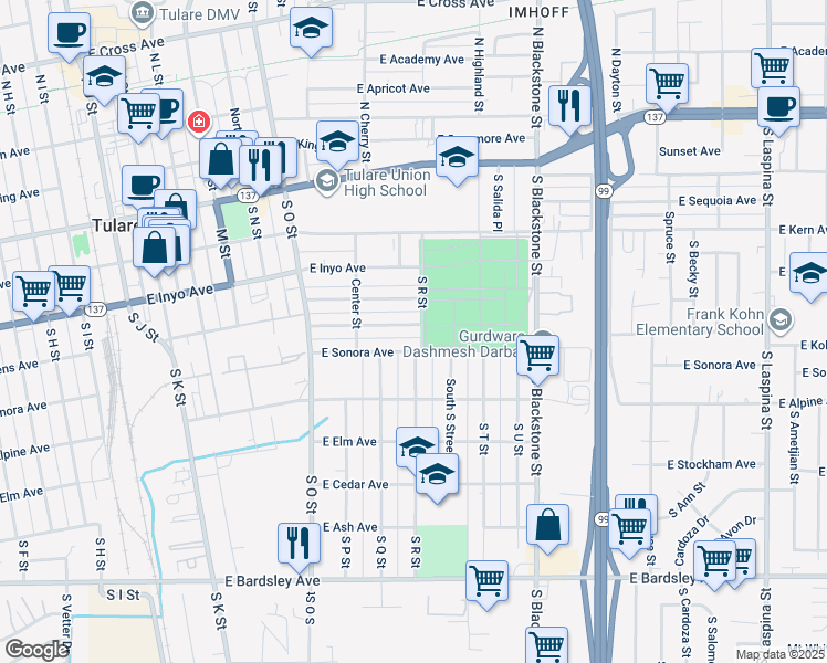 map of restaurants, bars, coffee shops, grocery stores, and more near 602 South R Street in Tulare