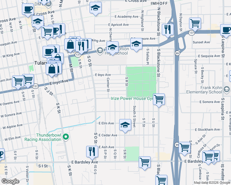 map of restaurants, bars, coffee shops, grocery stores, and more near 748 East Sonora Avenue in Tulare