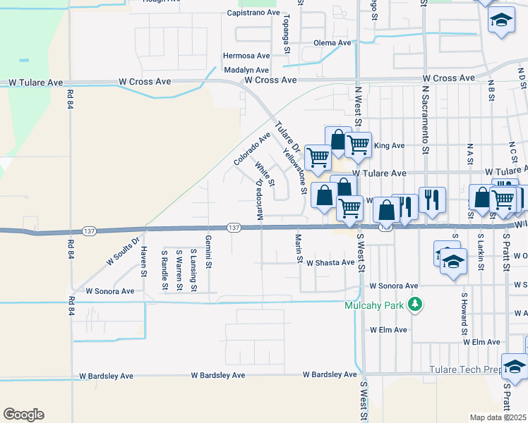 map of restaurants, bars, coffee shops, grocery stores, and more near 293 Maricopa Drive in Tulare