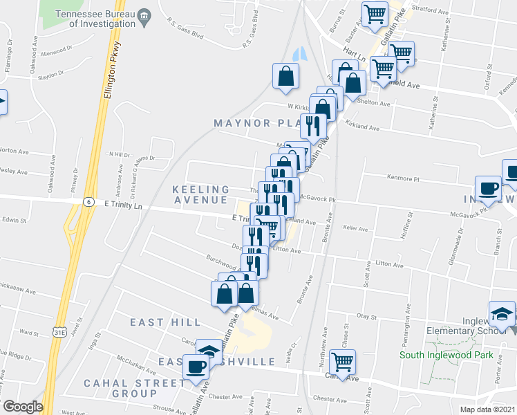 map of restaurants, bars, coffee shops, grocery stores, and more near in Nashville