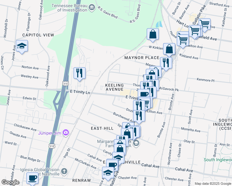 map of restaurants, bars, coffee shops, grocery stores, and more near 1032b East Trinity Lane in Nashville