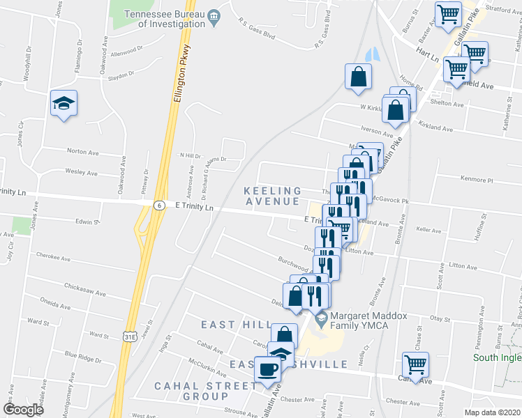 map of restaurants, bars, coffee shops, grocery stores, and more near 1032b East Trinity Lane in Nashville